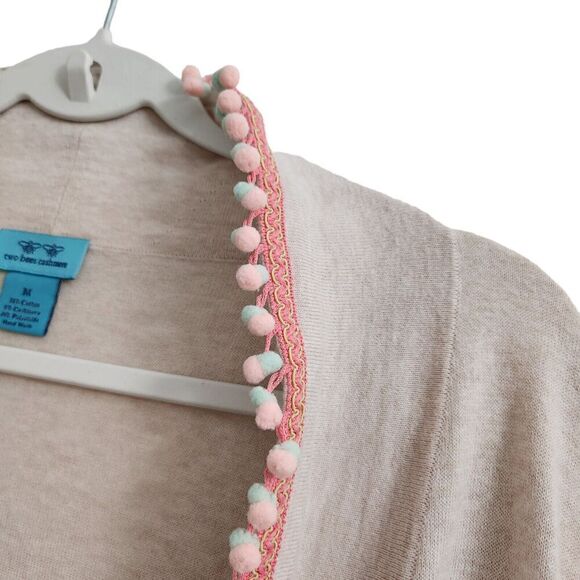 Two Bees Cashmere Cardigan Medium Cream‎ Fur Ball Tassel Edge Open Front Sweater - Picture 3 of 8